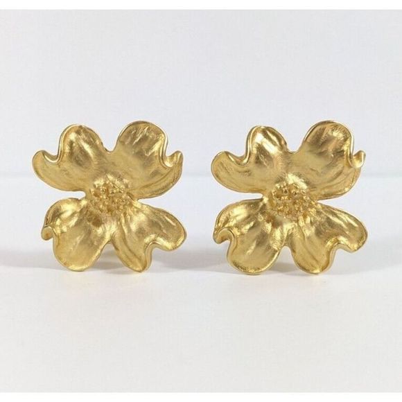 Dogwood Flower Shaped Matte Gold Clip On Earrings - Signed Norma Jean
